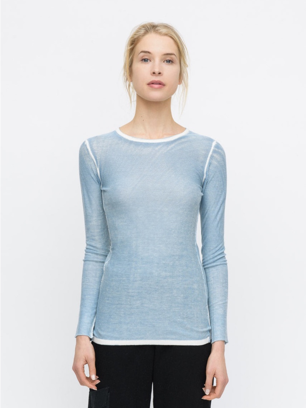 Kokun $198 Overdye Bamboo Cashmere Knit Top Dusty Blue Fitted Crew Neck Premium
